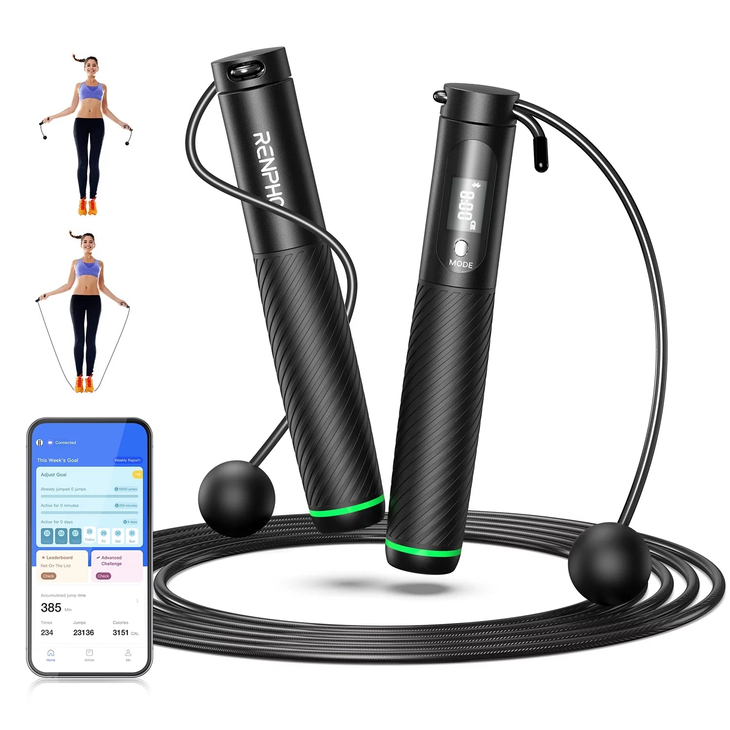 9FT Adjustable Smart Jump Rope with Count Time Calorie Analysis , Black